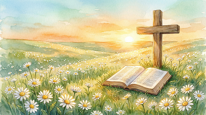 JPG 꽃 기독교 종교 십자가 일러스트 자연 풍경 초원 여름 햇빛 태양 평화 일출 성경 봄 기도 뷰티풀 국내일러스트 AI일러스트 AI콘텐츠 자연요소 식물 계절 컨셉 종교용품 노을 생태계 파일형식