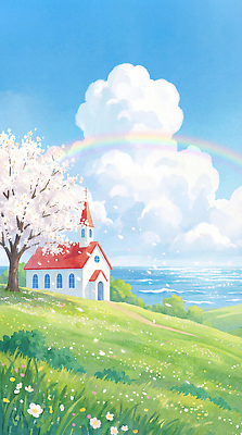 JPG 나무 꽃 기독교 바다 무지개 일러스트 자연 하늘 풍경 초원 일상 파란색 햇빛 교회 평화 봄 벚꽃 시골 언덕 뷰티풀 국내일러스트 AI일러스트 AI콘텐츠 자연요소 식물 계절 종교 컬러 컨셉 종교건축 건물 라이프 태양 생태계 파일형식