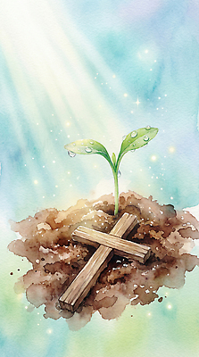 JPG 나무 기독교 종교 십자가 일러스트 자연 생명 빛 새싹 평화 환경 희망 흙 봄 성장 물방울 기도 가르침 땅 국내일러스트 AI일러스트 AI콘텐츠 식물 계절 교육 감정 컨셉 생태계 파일형식