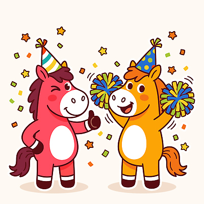 동물 캐릭터 감정 어린이 컬러 일러스트 응원 모션 새해 웃음 이벤트 친구 장난감 파티 축제 축하 말 말_게임 생일 즐거움 2026년 국내일러스트 병오년 붉은말 붉은말캐릭터 AI파일 기념일 컨셉 관계 표정 사람 말_동물 연도 말캐릭터 파일형식 벡터