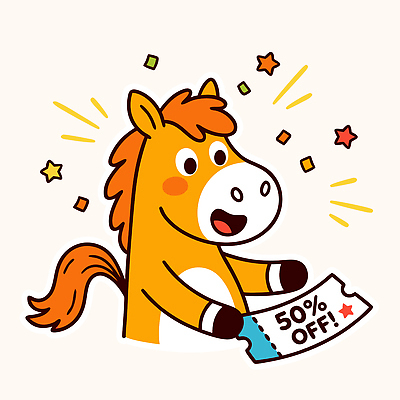 캐릭터 행복 별 컬러 일러스트 새해 이벤트 장식 세일 상점 말 말_게임 구매 상품 고객 즐거움 쿠폰 기회 마케팅 2026년 국내일러스트 병오년 붉은말 붉은말캐릭터 AI파일 자연요소 감정 쇼핑 말_동물 연도 말캐릭터 파일형식 벡터