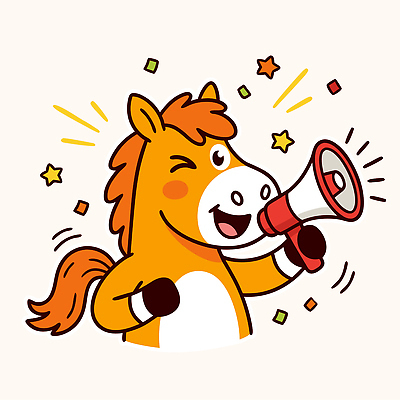 동물 캐릭터 디자인 어린이 일러스트 동화 새해 웃음 이벤트 파티 축제 미국 확성기 소리 기쁨 말 말_게임 발표 즐거움 수다 2026년 국내일러스트 병오년 붉은말 붉은말캐릭터 AI파일 감정 북아메리카 표정 대화 사람 말_동물 연도 말캐릭터 파일형식 벡터