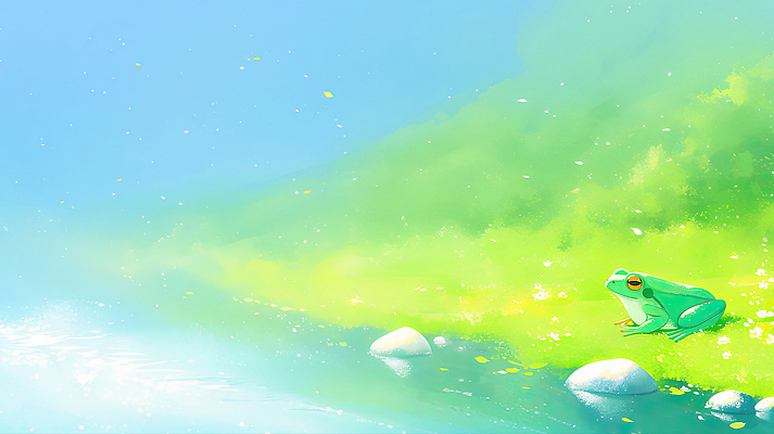 JPG 나무 여유 일러스트 자연 날씨 휴식 개구리 풍경 초록색 물 여름 환경 산책 돌_바위 연못 생태계 조용 경칩 오후 국내일러스트 AI일러스트 AI콘텐츠 자연요소 식물 계절 감정 컬러 컨셉 양서류 절기 파일형식