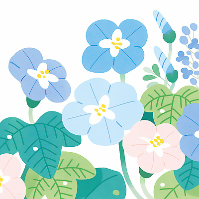 JPG 모양 식물 디자인 꽃 예술 분홍색 컬러 백그라운드 잎 패턴 일러스트 자연 생명 장식 초록색 파란색 봄 화사함 나팔꽃 조화 뷰티풀 국내일러스트 AI일러스트 AI콘텐츠 계절 컨셉 무늬 생태계 파일형식