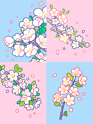 나무 식물 디자인 꽃 화초 분홍색 컬러 하늘색 백그라운드 잎 패턴 일러스트 봄꽃 자연 생명 풍경 봄 벚꽃 그림 화사함 파스텔 국내일러스트 AI파일 계절 컨셉 무늬 학용품 파란색 생태계 파일형식 벡터