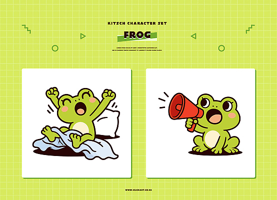 캐릭터 디자인 일러스트 모션 아침 표정 형상 개구리 세트 귀여움 스트레칭 확성기 소리 잠 즐거움 그림 기지개 열정 일러캐릭터 AI파일 주간 감정 컨셉 양서류 운동 파일형식 벡터