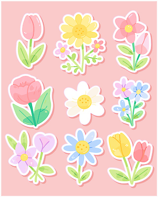 모양 식물 디자인 꽃 분홍색 컬러 백그라운드 스티커 일러스트 자연 장식 빨간색 파란색 장미 노란색 봄 튤립 자주색 제비꽃 데이지 조화 국내일러스트 AI파일 계절 생태계 파일형식 벡터
