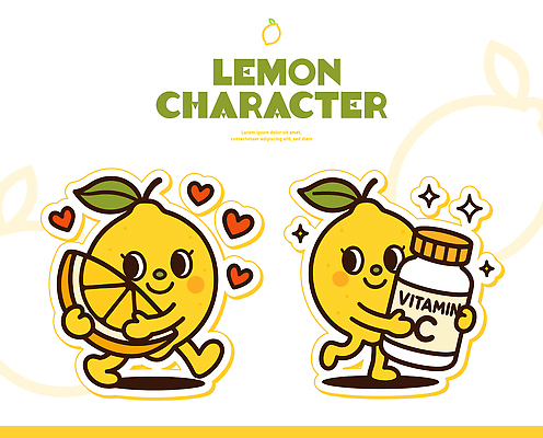 캐릭터 음식 컬러 조각 과일 일러스트 텍스트 모션 건강 밝음 웃음 노란색 레몬 즐거움 그림 비타민 비타민C 일러캐릭터 AI파일 감정 표정 영양소 파일형식 벡터