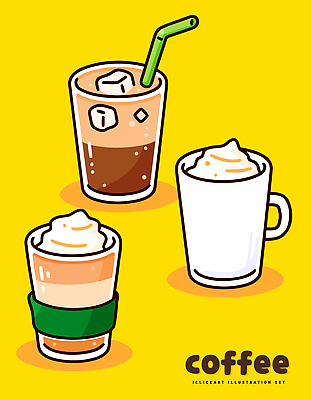 디자인 커피 음료 일러스트 디저트 컵 노란색 카페 바 크림 그림 에스프레소 아이스커피 라떼 국내일러스트 AI파일 식기 음식 컬러 상점 파일형식 벡터