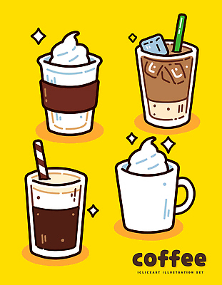 디자인 커피 음료 일러스트 디저트 빨대 컵 노란색 카페 머그컵 바 달콤 크림 아이스커피 설정 소다 국내일러스트 AI파일 식기 음식 컬러 상점 맛 파일형식 벡터