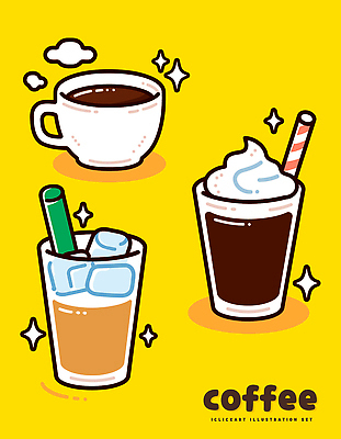 디자인 커피 음료 백그라운드 일러스트 포장 아이스크림 잔 아이디어 빨대 컵 세트 노란색 카페 마시기 그림 아이스커피 스타일 국내일러스트 AI파일 식기 컬러 컨셉 모션 디저트 상점 파일형식 벡터