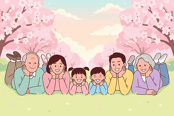 나무 사계절 공원 꽃 행복 일러스트 가족 놀이 함께함 웃음 여러명 부모 소풍 봄 벚꽃 시간 즐거움 조부모 국내일러스트 AI파일 식물 계절 공공시설 감정 다수 컨셉 관계 표정 사람 야외활동 파일형식 벡터