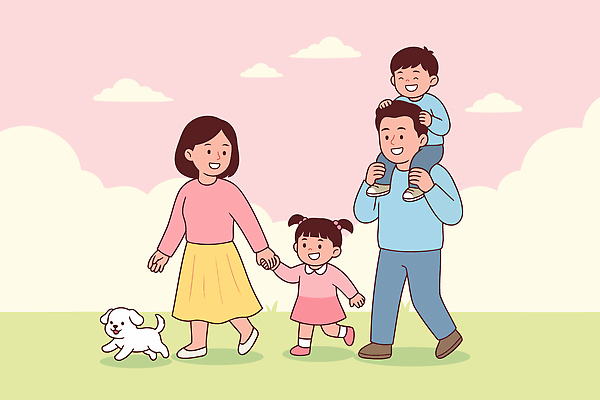 공원 행복 어린이 일러스트 가족 모션 자연 휴식 함께함 웃음 소녀 소년 초원 부모 걷기 산책 개 양팔 국내일러스트 AI파일 공공시설 여자 남자 감정 컨셉 포유류 관계 표정 사람 생태계 파일형식 벡터