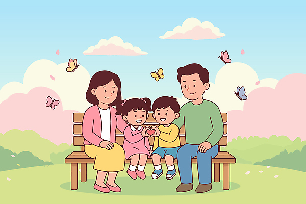 나무 공원 꽃 행복 감정 어린이 벤치 일러스트 가족 모션 자연 놀이 주택 사랑 웃음 부모 시간 소통 존재 국내일러스트 AI파일 식물 공공시설 컨셉 의자 관계 표정 사람 건물 생태계 파일형식 벡터