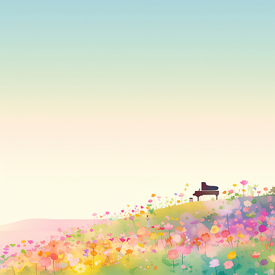 JPG 나무 식물 꽃 감정 예술 음악 컬러 백그라운드 연주 일러스트 자연 하늘 풍경 평화 일출 일몰 감상 피아노 언덕 화사함 조화 국내일러스트 AI일러스트 AI콘텐츠 컨셉 문화예술 노을 건반악기 생태계 파일형식