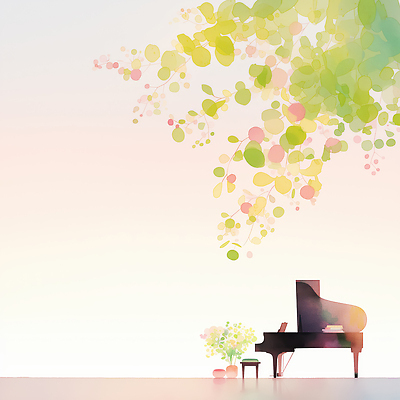 JPG 나무 식물 디자인 예술 음악 잎 연주 일러스트 자연 아침 풍경 햇빛 공간 피아노 편안함 감성 조화 부산 창작 국내일러스트 AI일러스트 AI콘텐츠 주간 컨셉 문화예술 한국 태양 감각 건반악기 생태계 파일형식