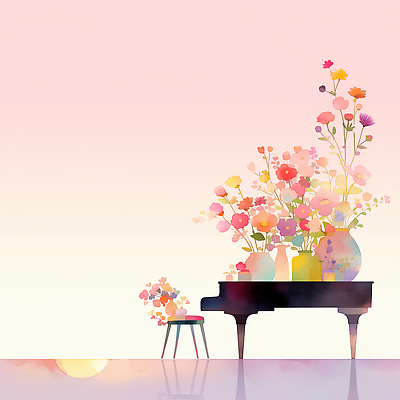 JPG 식물 디자인 꽃 예술 음악 컬러 백그라운드 의자 일러스트 자연 하늘 풍경 잔디 꽃병 공간 피아노 심플 부드러움 뷰티풀 국내일러스트 AI일러스트 AI콘텐츠 가구 문화예술 감각 건반악기 생태계 파일형식