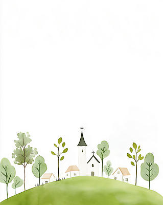 JPG 나무 기독교 선 일러스트 자연 하늘 수채화 주택 풍경 잔디 초록색 여름 교회 마을 시골 언덕 그림 공동체 단순화된 국내일러스트 식물 계절 종교 컬러 종교건축 건물 생태계 파일형식