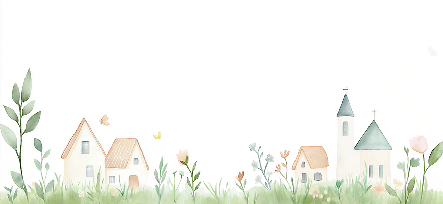 JPG 나무 식물 디자인 꽃 일러스트 자연 수채화 주택 풍경 잔디 건물 교회 마을 정원 산책 공백 국내일러스트 AI일러스트 AI콘텐츠 건축물 종교건축 휴식 생태계 파일형식