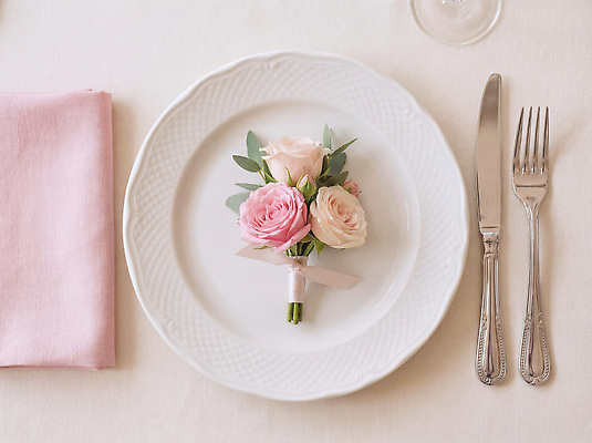 JPG 편집이미지 접시 꽃 분홍색 꽃다발 포크 식탁 탁자 장식 식사 식탁보 나이프 준비 연회 홈파티 편집실사 AI포토 AI콘텐츠 식물 식기 컬러 가구 파티 칼 CG 잔치 파일형식