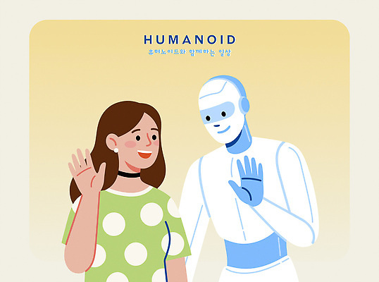 디자인 여자 감정 예술 백그라운드 일러스트 모션 미래 새로움 기술 실험 대화 사람 친구 로봇 소통 손흔들기 창의성 상호작용 국내일러스트 AI파일 컨셉 관계 말하기 파일형식 벡터