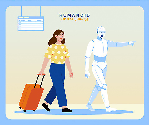 여자 여행 이동 일러스트 모션 안내 기술 사람 친구 걷기 기계 짐 공항 로봇 길안내 여행준비 짐가방 국내일러스트 AI파일 컨셉 가방 관계 교통시설 준비 파일형식 벡터