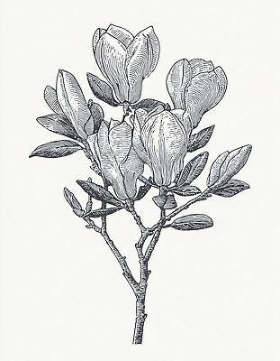 JPG 나무 식물 계절 꽃잎 꽃 화초 일러스트 자연 생명 나뭇잎 봄 성장 묘사 꽃봉오리 원예 목련 관상 뷰티풀 국내일러스트 AI일러스트 AI콘텐츠 잎 취미 생태계 파일형식