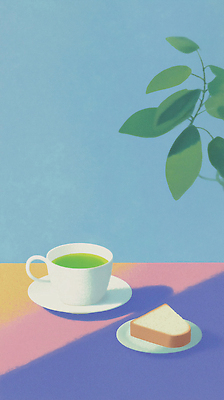 JPG 식물 접시 음료 음식 빵 컬러 일러스트 자연 탁자 아침 디저트 일상 컵 식사 맛 편안함 상차림 녹차 조화 국내일러스트 AI일러스트 AI콘텐츠 주간 식기 가구 컨셉 라이프 차_음료 감각 생태계 파일형식