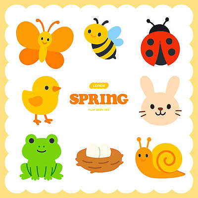 동물 계절 곤충 컨셉 무늬 포유류 조류 양서류 반려동물 알 파일형식 벡터 봄 나비 무당벌레 병아리 토끼 개구리 계란 컬러 디자인 세트 그래픽 귀여움 패턴 일러스트 국내일러스트 AI파일