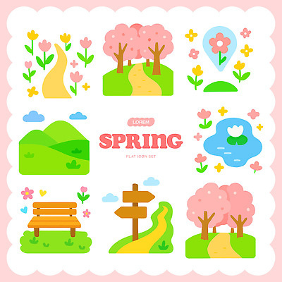 나무 디자인 공원 꽃 길 꽃밭 벤치 일러스트 자연 하늘 풍경 소풍 봄 연못 수중식물 길가 국내일러스트 AI파일 식물 계절 공공시설 의자 야외활동 생태계 파일형식 벡터