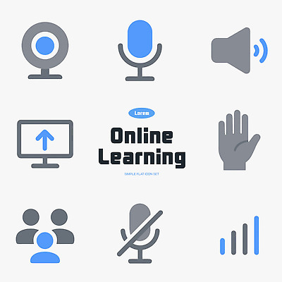 아이콘 교육 음향기기 신체부위 소리 파일형식 벡터 온라인 학습 도구 웹캠 마이크 스피커 스크린 손 그룹 소음 기술 통신 상호작용 2D아이콘 AI파일