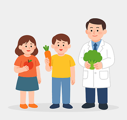 채소 뿌리채소 말하기 사람 의료진 가운 영양소 파일형식 벡터 의사 건강 식습관 당근 브로콜리 대화 교육 어린이 과일 흰가운 식사 비타민 일러스트 국내일러스트 AI파일