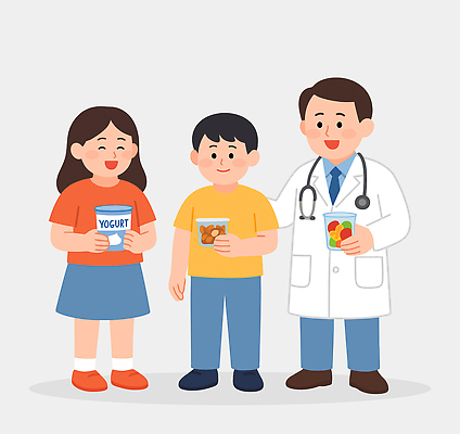 직업 교육 어린이 과일 일러스트 의학 디저트 유제품 건강 대화 다정 견과류 의사 간호 건강식품 요거트 의사소통 국내일러스트 AI파일 음식 컨셉 말하기 사람 의료진 파일형식 벡터