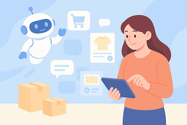 컨셉 말하기 사람 전자제품 스마트기기 쇼핑 바구니 파일형식 벡터 여자 로봇 태블릿 상자 정보 스크린 대화 온라인 기술 서비스 아이디어 장바구니 고객 질문 응답 도움 상품 판매 전달 일러스트 국내일러스트 AI파일