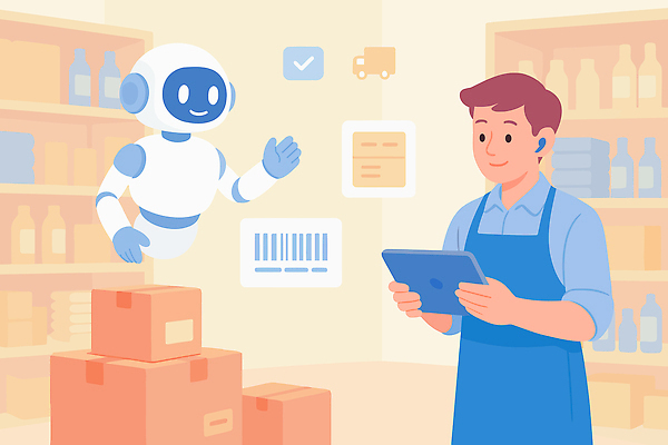 일러스트 커뮤니케이션 미래 협력 기술 관리 대화 손짓 상자 환경 상점 업무 상품 로봇 직원 이미지 물류 소프트웨어 자동화 효과 국내일러스트 AI파일 컨셉 모션 말하기 작업 파일형식 벡터