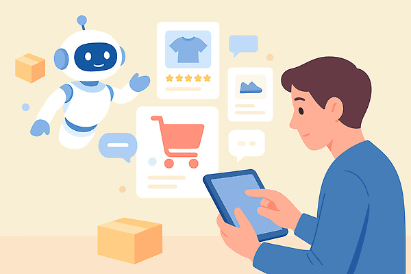 남자 일러스트 탁자 기술 대화 쇼핑 태블릿 상점 스크린 카트 정보 체험 구매 상품 로봇 온라인 상품평 사용자 AI_인공지능 국내일러스트 AI파일 가구 컨셉 말하기 사람 전자제품 스마트기기 파일형식 벡터