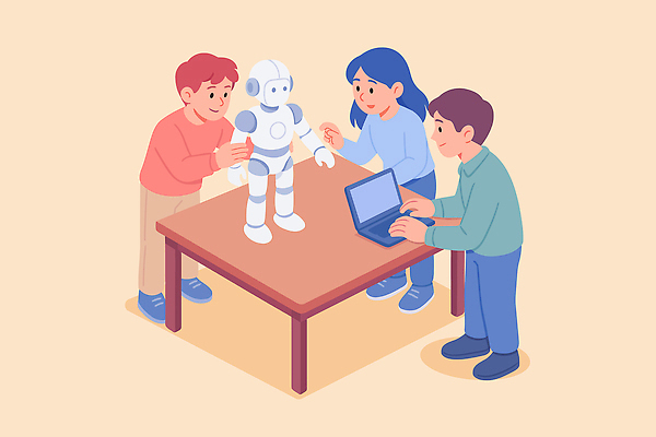 디자인 교육 과학 일러스트 모션 놀이 탁자 협력 기술 실험 대화 친구 학습 컴퓨터 로봇 만들기 창의성 국내일러스트 AI파일 가구 관계 말하기 전자제품 파일형식 벡터