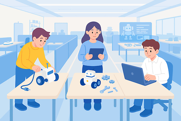 학생 교육 과학 일러스트 교실 수업 협력 기술 컴퓨터 태블릿 장난감 기계 도구 작업 로봇 만들기 실습 조립 창의성 프로그래밍 국내일러스트 AI파일 학교 모션 전자제품 스마트기기 개발 파일형식 벡터