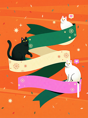 JPG 동물 캐릭터 디자인 리본 컬러 백그라운드 일러스트 놀이 웃음 그래픽 반려동물 귀여움 검은색 주황색 고양이 흰색 즐거움 그림 태교 장면 국내일러스트 감정 컨셉 포유류 표정 임신 파일형식