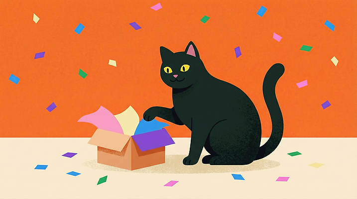 JPG 종이 컬러 백그라운드 일러스트 모션 놀이 디저트 주택 반려동물 상자 장난감 귀여움 주황색 고양이 먹이 즐거움 오브젝트 장면 색종이 부피 흩어짐 국내일러스트 동물 감정 음식 컨셉 포유류 건물 파일형식