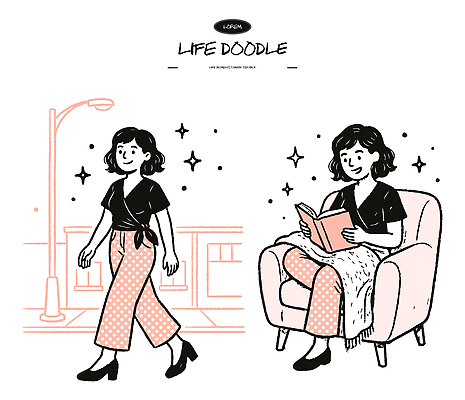 캐릭터 여자 일러스트 모션 거리 일상 라이프 책 소파 독서 걷기 상점 저녁 편안함 외출 오후 국내일러스트 AI파일 의자 사람 생활 감각 야간 파일형식 벡터