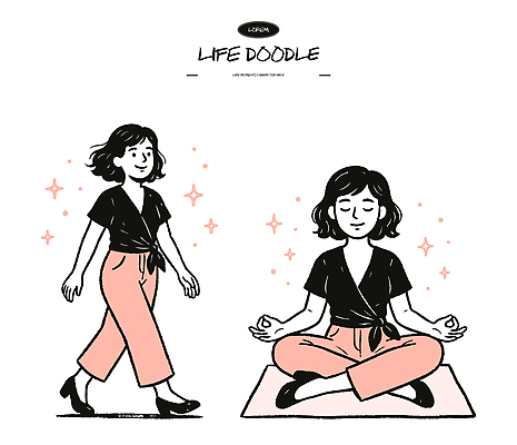 여자 일러스트 도안 모션 스트레스 건강 일상 라이프 생활 운동 평화 걷기 마음 의식 호흡 균형 집중 명상 그림 자아 국내일러스트 AI파일 컨셉 사람 파일형식 벡터