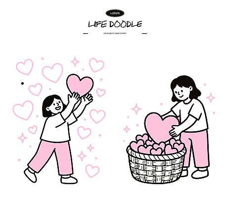행복 감정 어린이 포즈 일러스트 모션 놀이 사랑 생활 친구 바구니 기쁨 하트 마음 표현 그리기 즐거움 그림 긍정 동심 국내일러스트 AI파일 모양 컨셉 관계 사람 파일형식 벡터