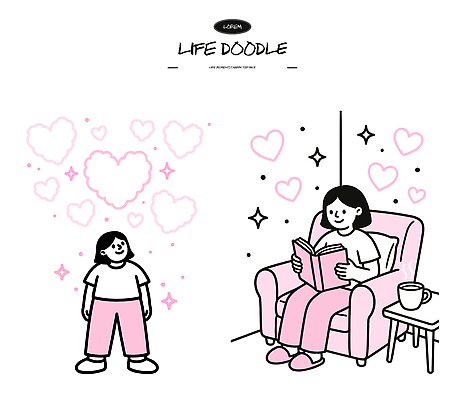 여자 감정 일러스트 모션 탁자 집안 휴식 안내 사랑 일상 생활 책 소파 독서 하트 시간 그리기 편안함 즐거움 그림 국내일러스트 AI파일 모양 가구 컨셉 의자 실내 사람 라이프 감각 파일형식 벡터