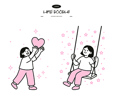 행복 감정 별 어린이 분홍색 일러스트 모션 상상 놀이 웃음 사람 일상 친구 만남 하트 점 즐거움 그네 그림 단순화된 국내일러스트 AI파일 자연요소 모양 컬러 컨셉 관계 표정 라이프 파일형식 벡터