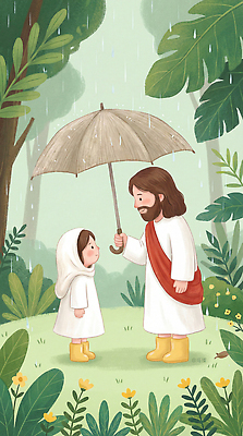 JPG 나무 식물 꽃 감정 종교 어린이 일러스트 우산 자연 날씨 따뜻함 대화 믿음 만남 예수 보호 소중 국내일러스트 AI일러스트 AI콘텐츠 컨셉 말하기 사람 신_종교 생태계 파일형식