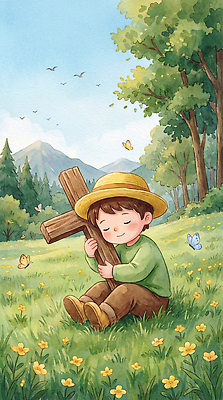 JPG 나무 동물 꽃 행복 어린이 나비 십자가 일러스트 자연 하늘 휴식 산 풍경 초원 여름 햇빛 소풍 기쁨 숲 국내일러스트 AI일러스트 AI콘텐츠 식물 계절 감정 곤충 컨셉 사람 태양 야외활동 생태계 파일형식