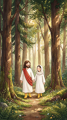 JPG 나무 캐릭터 손 감정 길 어린이 일러스트 자연 함께함 밝음 사람 풍경 햇빛 평화 걷기 믿음 성경 숲 조화 국내일러스트 AI일러스트 AI콘텐츠 식물 컨셉 종교용품 모션 신체부위 태양 생태계 파일형식