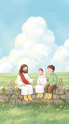 JPG 교육 행복 종교 어린이 일러스트 자연 하늘 이야기 대화 풍경 초원 친구 만남 예수 추억 그림 돌벽 소통 국내일러스트 AI일러스트 AI콘텐츠 감정 벽 컨셉 관계 말하기 사람 신_종교 생태계 파일형식