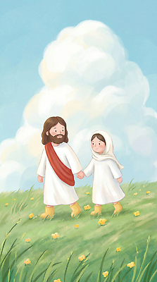 JPG 행복 종교 어린이 꽃밭 일러스트 가족 모션 자연 하늘 이야기 사랑 일상 친구 평화 걷기 손잡기 예수 그림 장면 국내일러스트 AI일러스트 AI콘텐츠 꽃 감정 컨셉 관계 사람 라이프 신_종교 생태계 파일형식